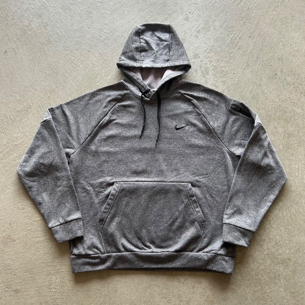 Nike Therma FIT Fleece Hoodie Mens XL Heather Gray Sleeve Pocket Sweatshirt Logo